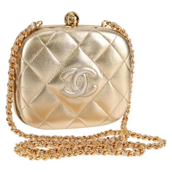 CHANEL Matelasse Chain Shoulder Bag Lamb Skin Gold CC Auth 130943V - Picture 1 of 15